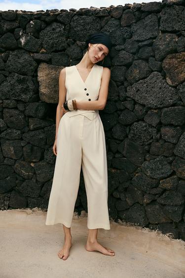Zara LONG LINEN VEST JUMPSUIT - Ecru - Image 0