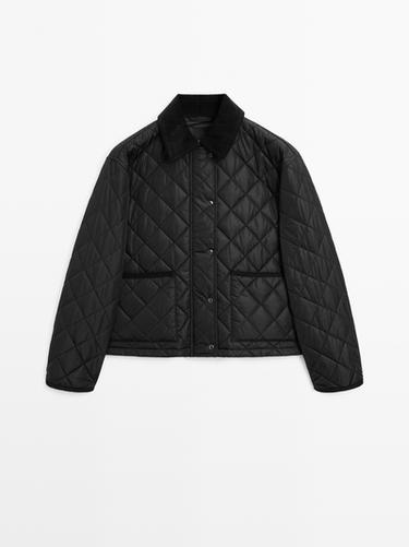 Zara Short lightweight water-repellent puffer jacket with corduroy detail - Black