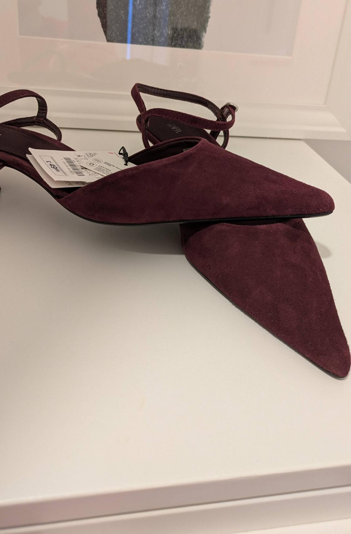 Low-heeled shoes in burgundy with a pointed toe and visible label, on a white surface.