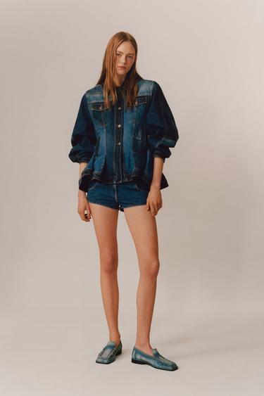 Zara LIMITED EDITION PATCHWORK PEPLUM DENIM JACKET - Blue