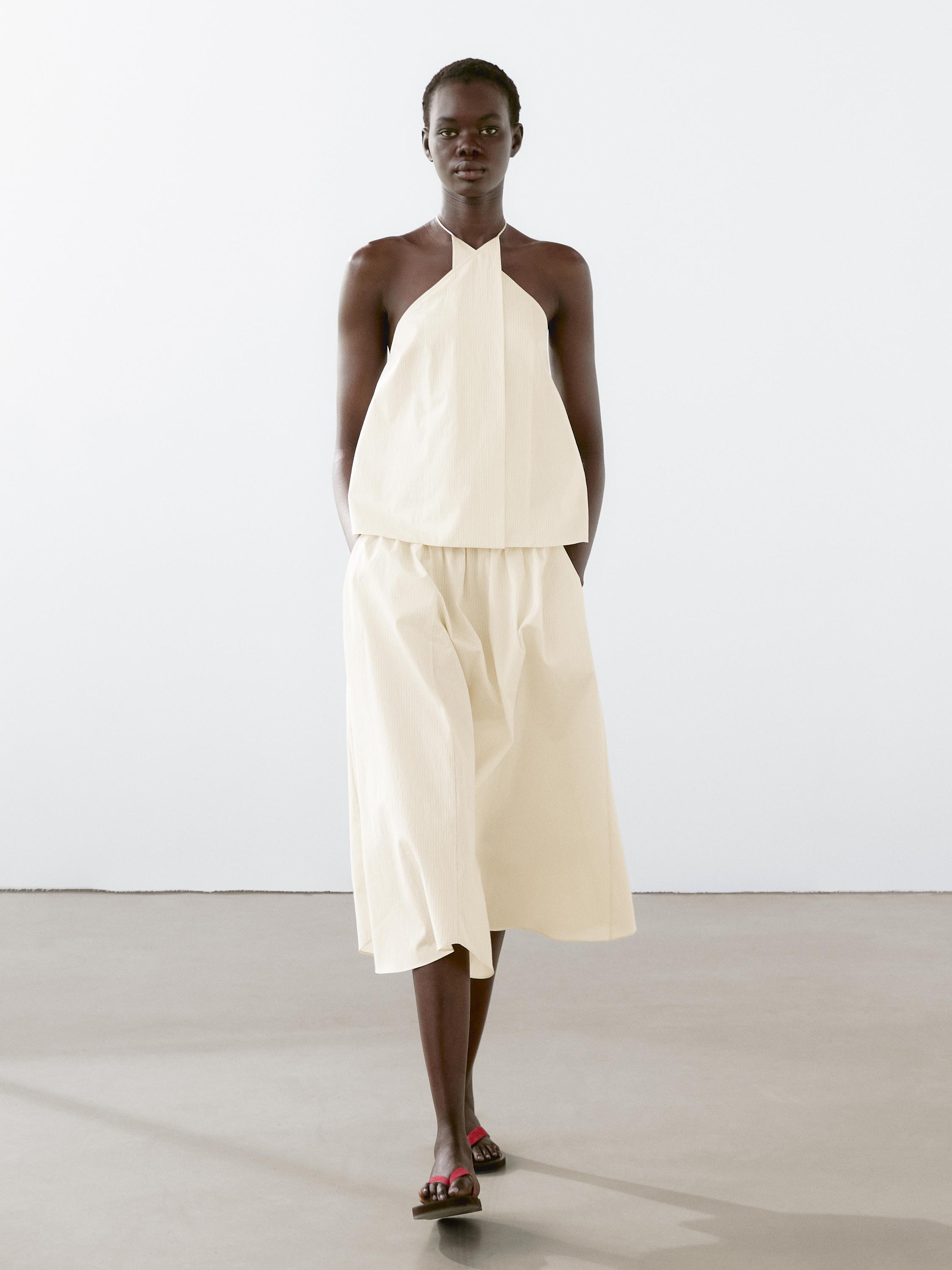 【Massimo Dutti】Flowing midi skirt with blonde lace detail Flowing midi skirt with blonde lace detail · Vanilla