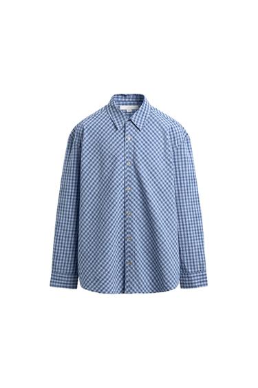 텍스처 체크 릴렉스핏 셔츠 - Zara 블루