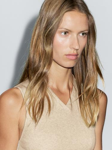 Zara Ribbed top with collar detail - Beige marl
