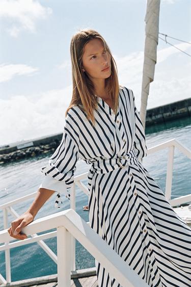 STRIPED MIDI DRESS WITH BELT - Navy / White by Zara - Image 1