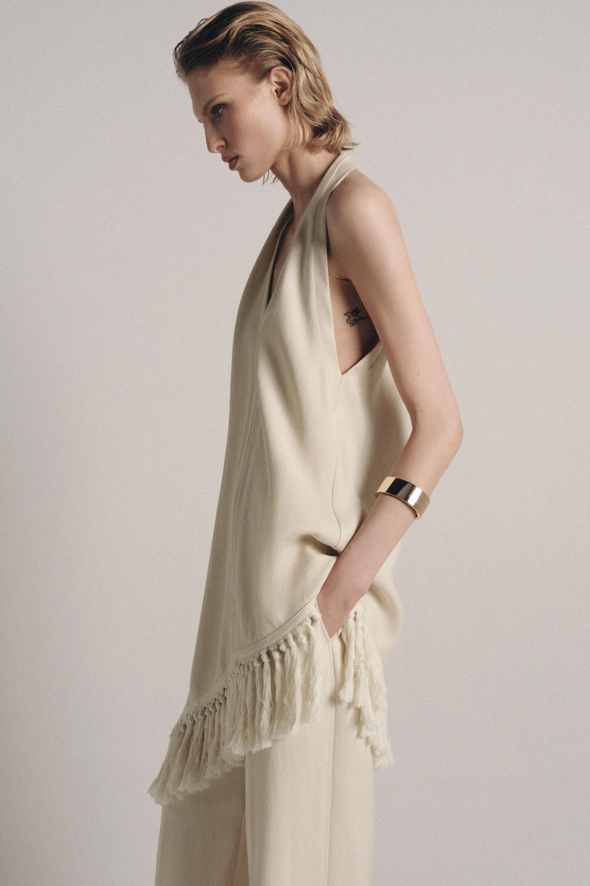 FRINGED HALTER TOP ZW COLLECTION - Mid-ecru | ZARA United States