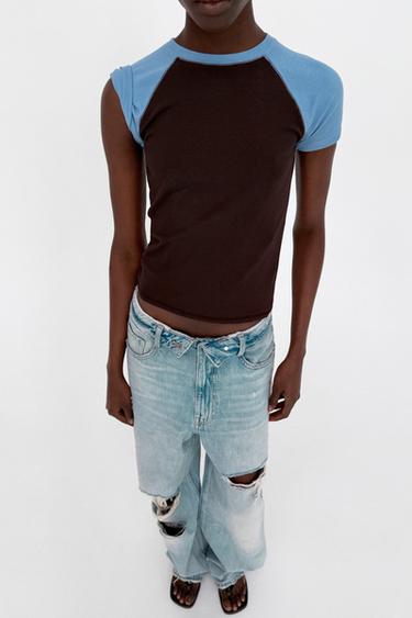 Zara SHORT SLEEVE RAGLAN T-SHIRT - Brown-Blue