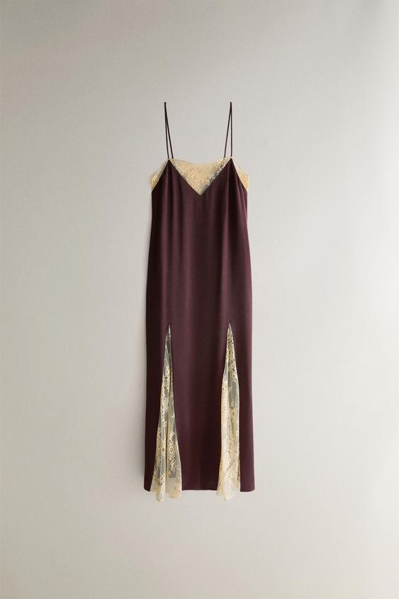 MULBERRY SILK DRESS WITH LACE TRIM - بورجندي الخاص بـ Zara - صورة 0