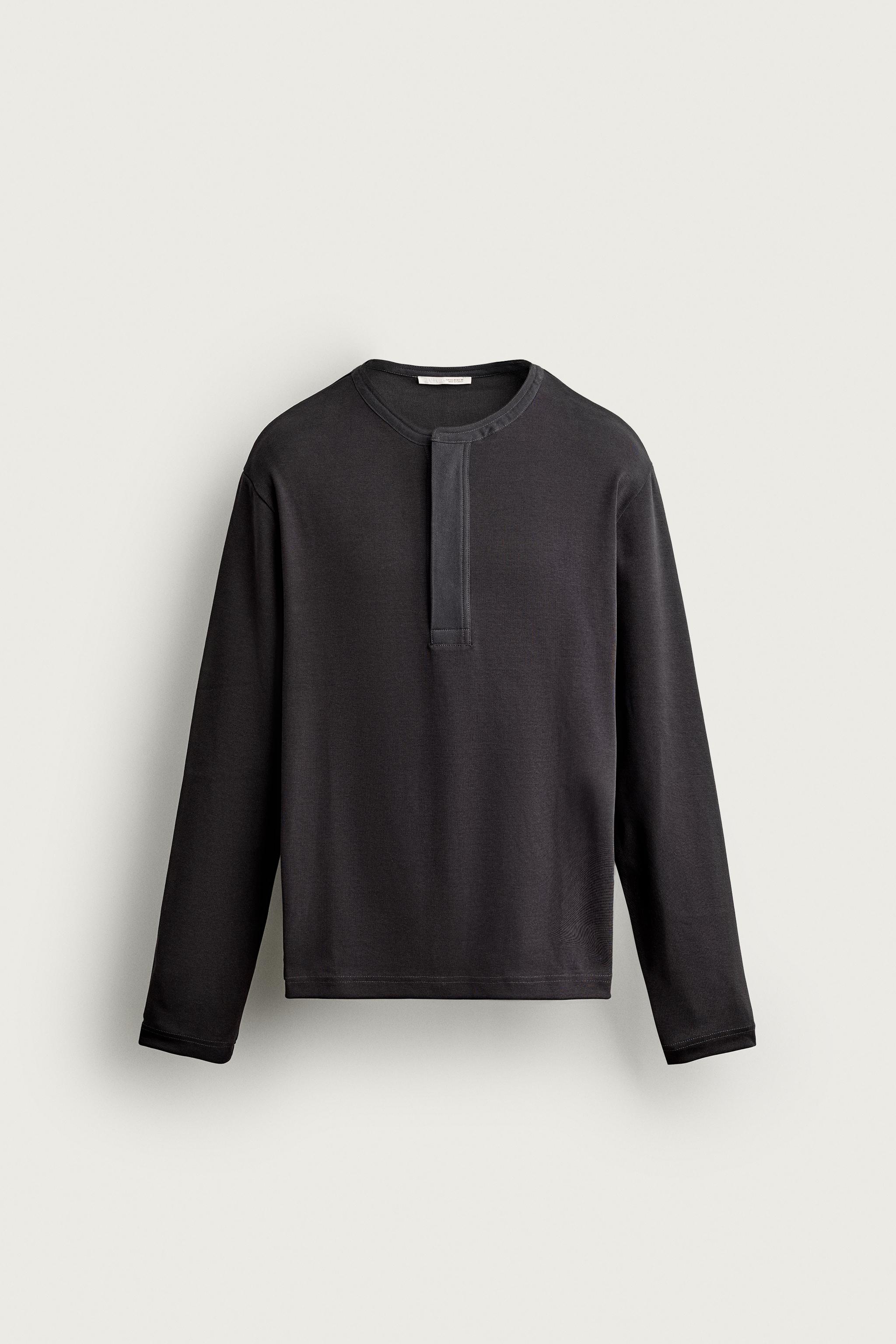 COMPACT RIBBED HENLEY T-SHIRT — Dark navy