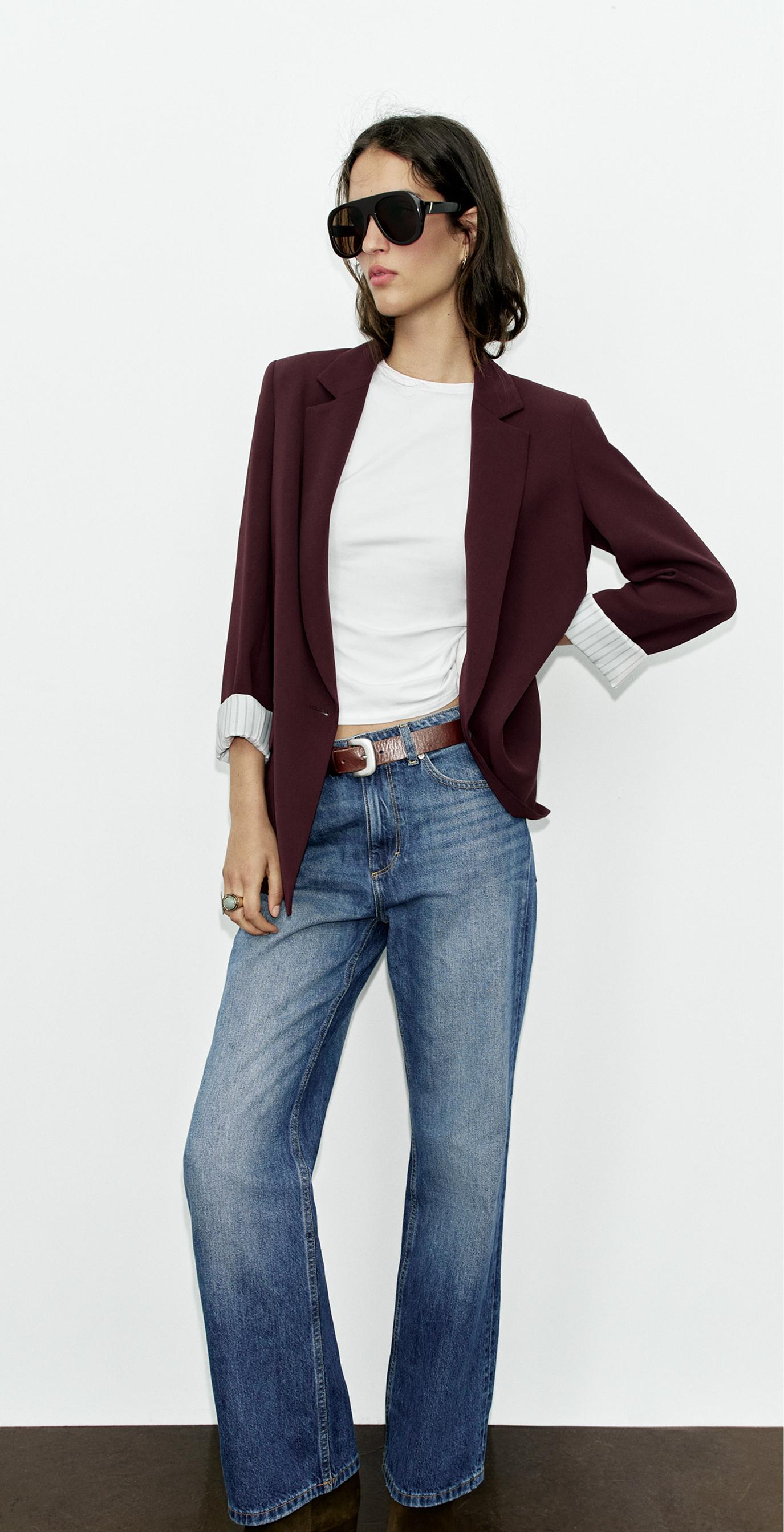 SHOULDER PAD BLAZER WITH PRINTED CUFF — Burgundy