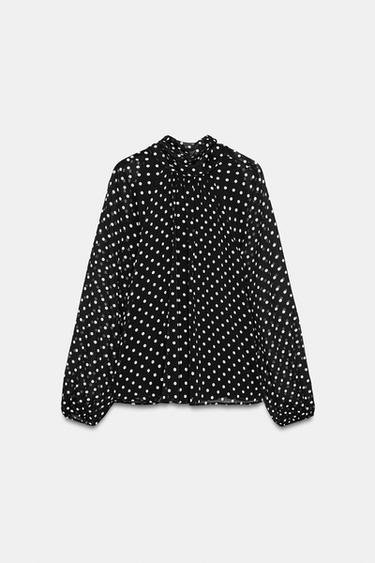 バックリボン付きドットプリントブラウスブラック/ホワイト0Zaraのバックリボン付きドットプリントブラウス - ブラック/ホワイト - 画像 0