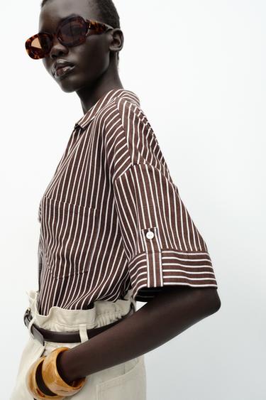 CROPPED LINEN BLEND SHIRT - Brown / Ecru by Zara