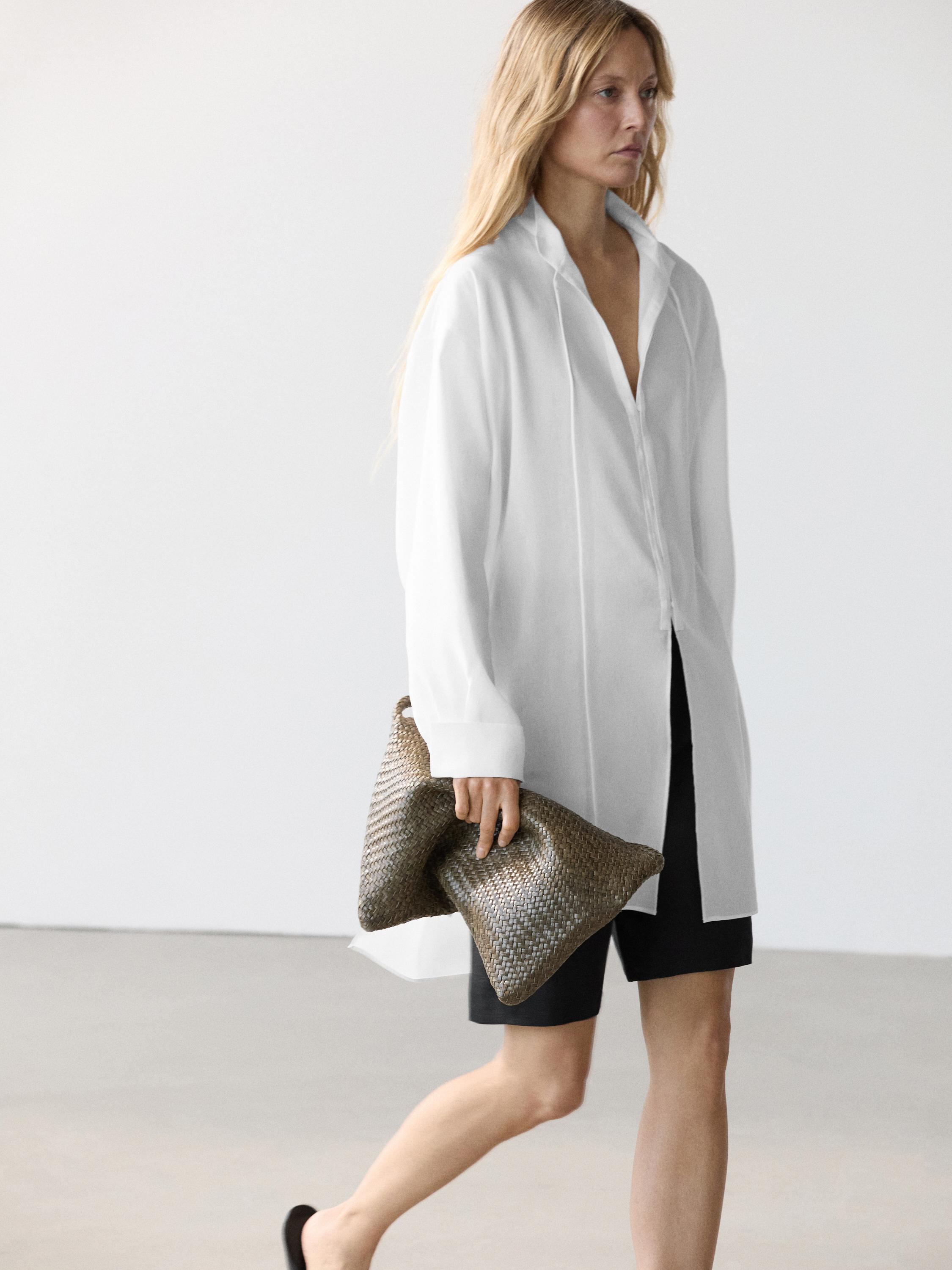 Flowing linen blend shirt with stand collar