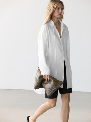 Zara Flowing linen blend shirt with stand collar - Oyster-white