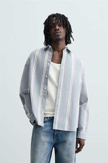 Zara TEXTURED STRIPED SHIRT - Blue