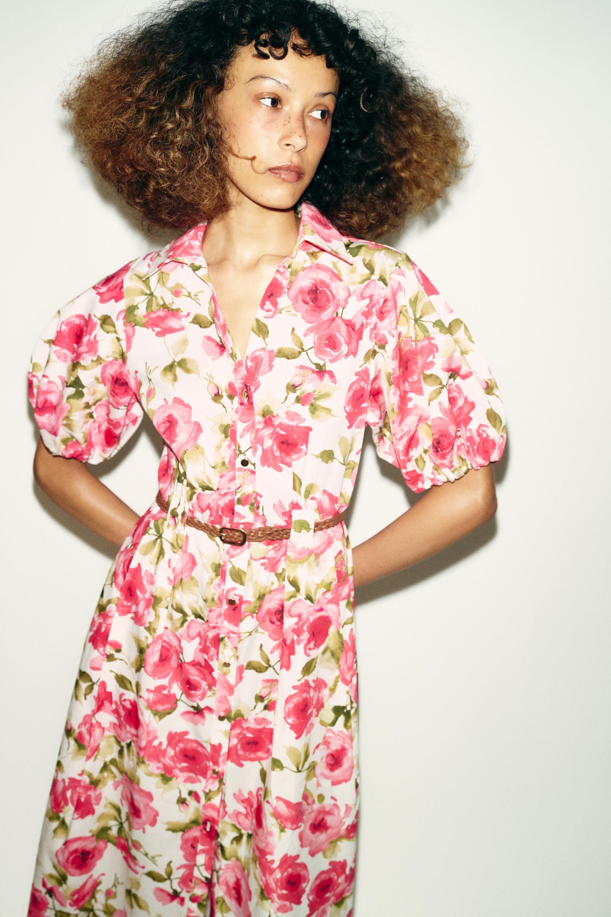 BELTED FLORAL PRINT MIDI DRESS