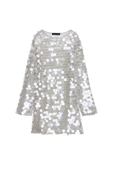SHORT KNIT SEQUIN AND FAUX PEARL DRESS - Silver by Zara