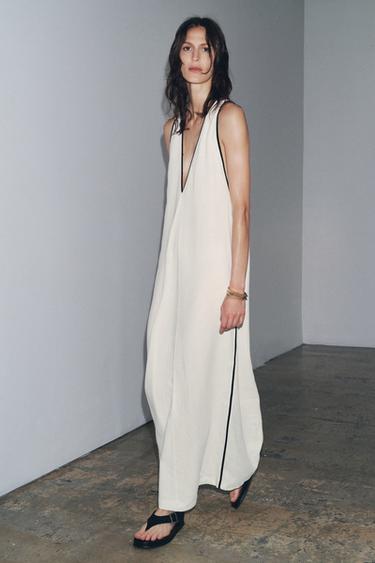 Zara ZW COLLECTION LINEN BLEND DRESS WITH TRIM - Ecru