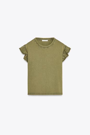 T-SHIRT MIT VOLANTS IN VERWASCHENER OPTIK - Khaki von Zara - Bild 0