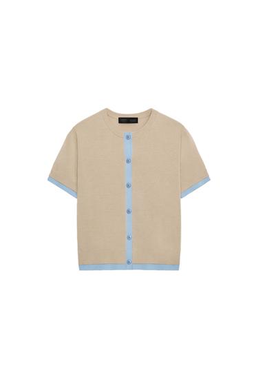 Zara 短袖拼接針織開襟衫 - 焦糖色