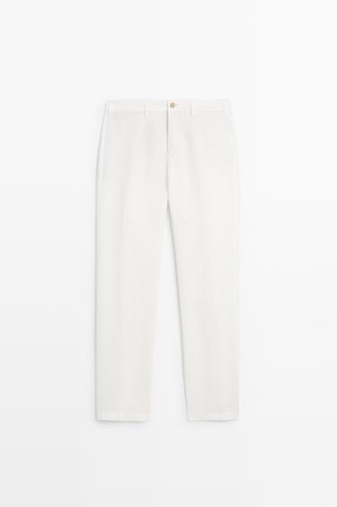 Pantalon straight lin et coton - Blanc cassé de Zara