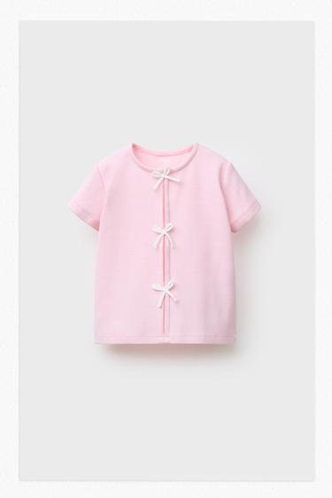 RIBBED T-SHIRT WITH BOWS - Pastel pink by Zara