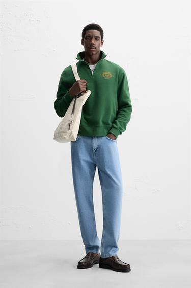 SWEAT BRODÉ À COL ZIPPÉ - Vert foncé de Zara