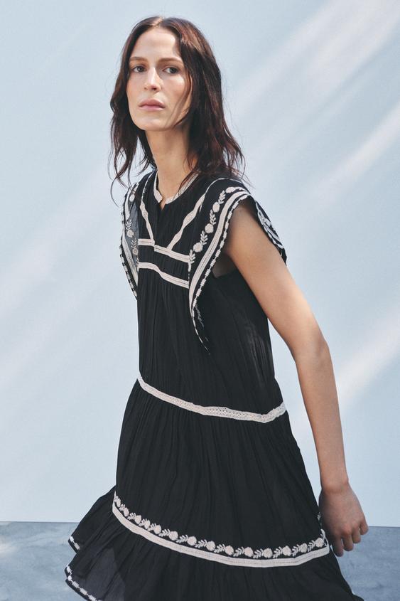 ZW COLLECTION コントラスト エンブロイダリー ワンピース - ブラック  