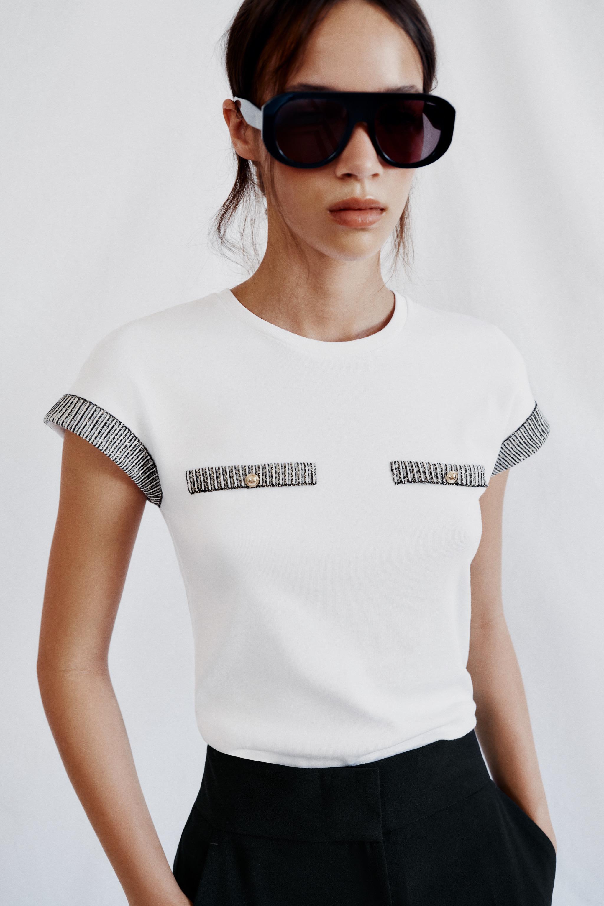 TRIM DETAIL BUTTON T-SHIRT — White