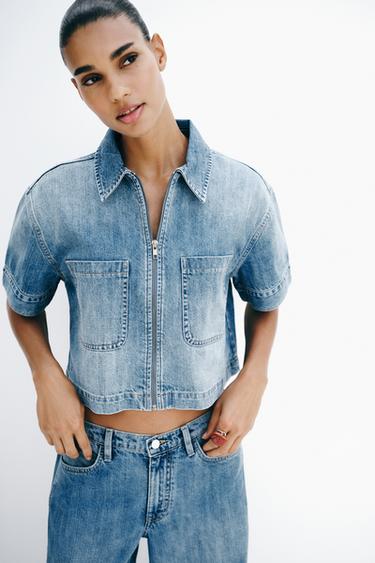 قميص Z1975 دنيم بأكمام قصيرة - أزرق وسط by Zara