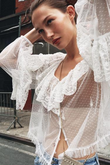 SEMI-SHEER ROMANTIC BLOUSE - Oyster-white by Zara