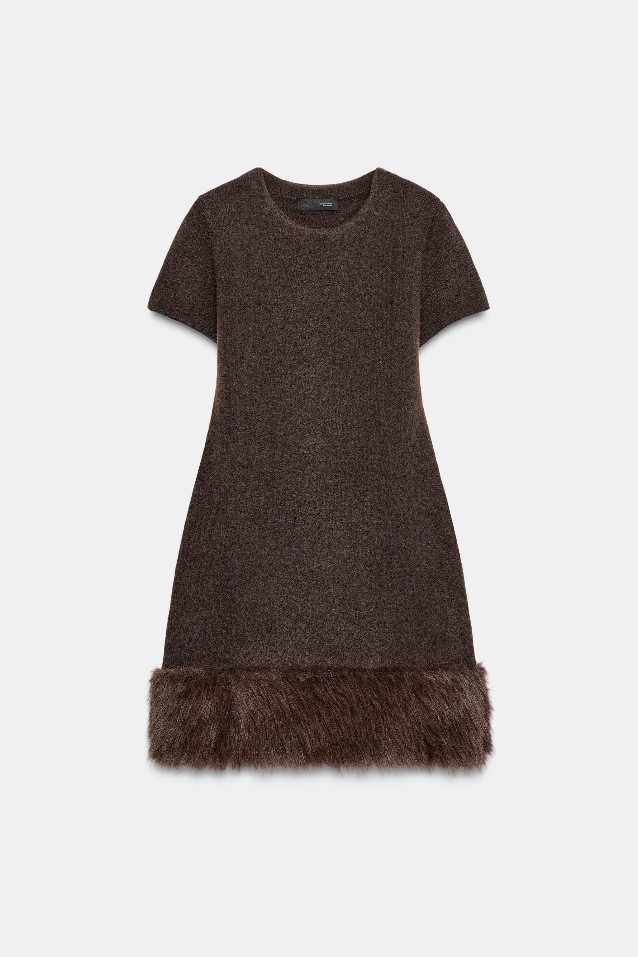 Zara - Faux Fur Knit Dress - Brown - Xl - Woman Zara - Faux Fur Knit Dress - Brown - Xl - Woman