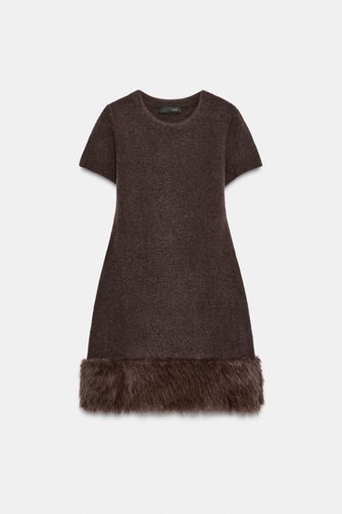 KNIT DRESS WITH FAUX FUR DETAIL - Brown by Zara