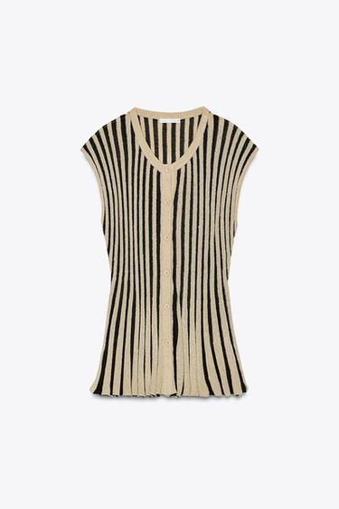 STRIPED CROPPED KNIT TOP - Ecru / Black by Zara