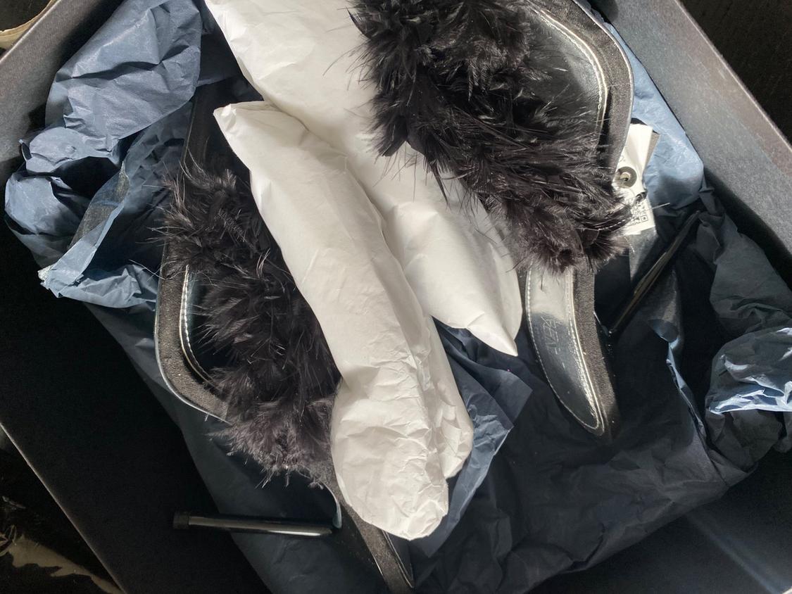 BLUE COLLECTION LEATHER HIGH HEEL MULES WITH FEATHERS - Image 4