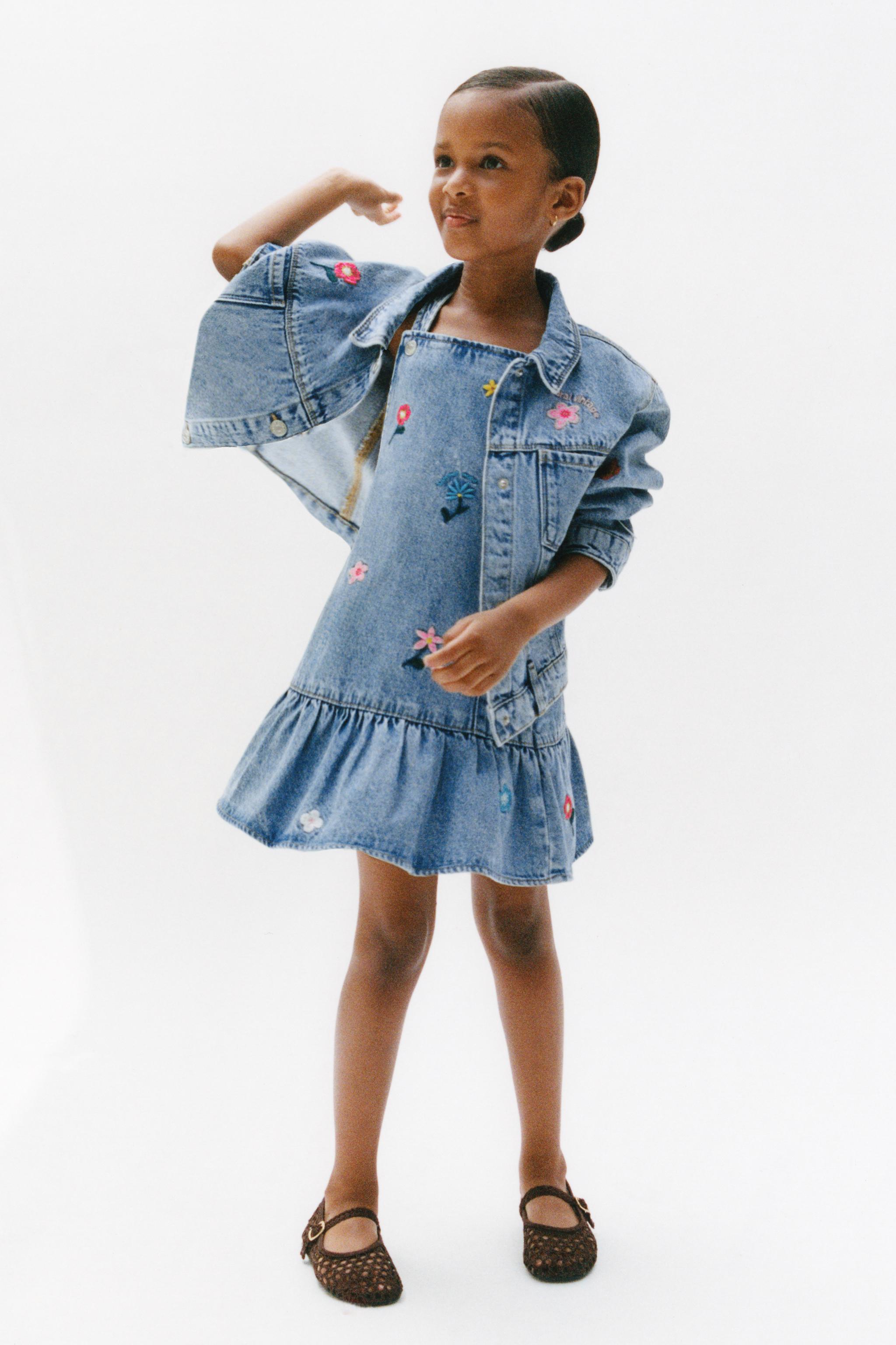 EMBROIDERED FLORAL DENIM PINAFORE DRESS - Blue | ZARA United States