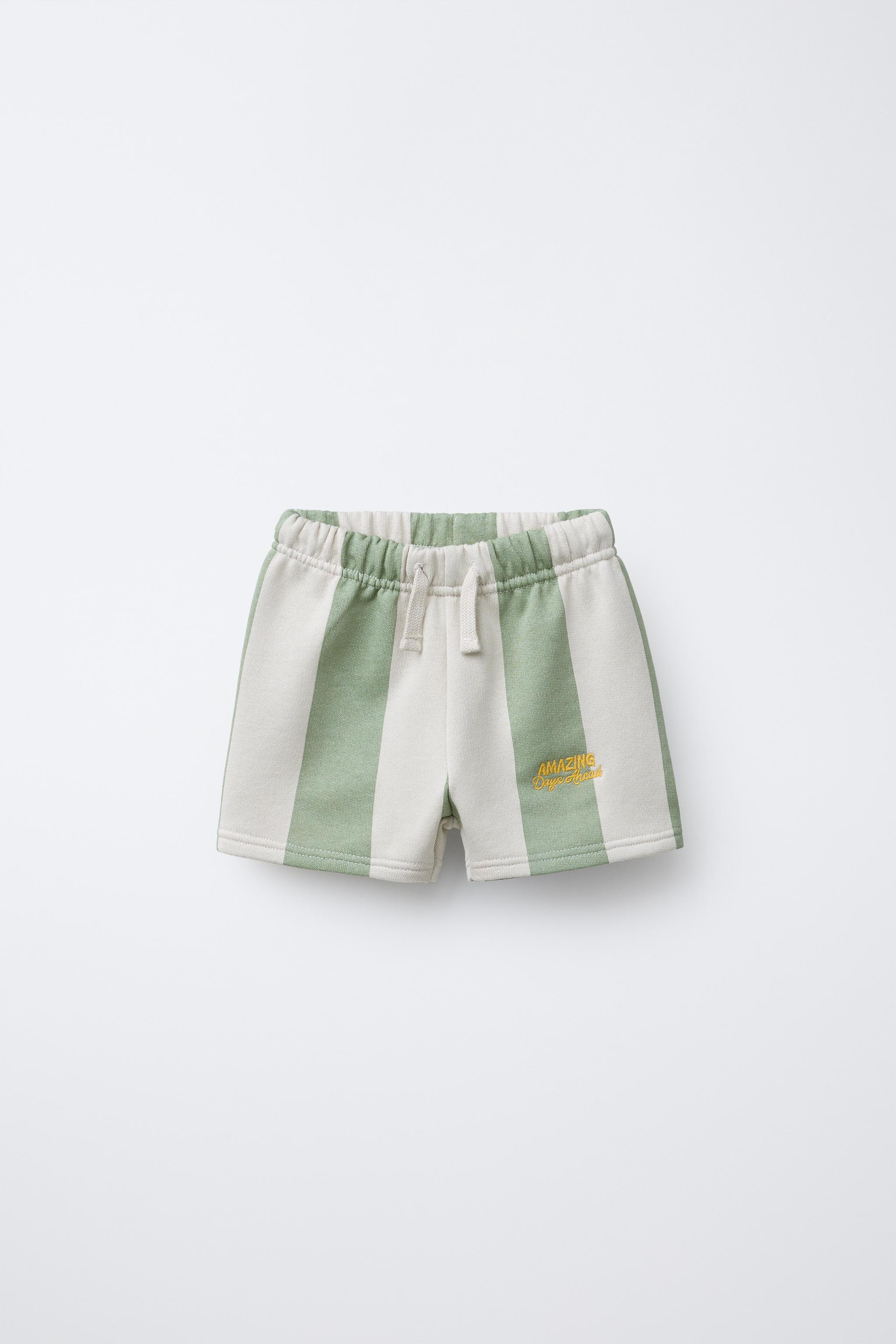 EMBROIDERED TEXT STRIPED SHORTS - Green | ZARA United States