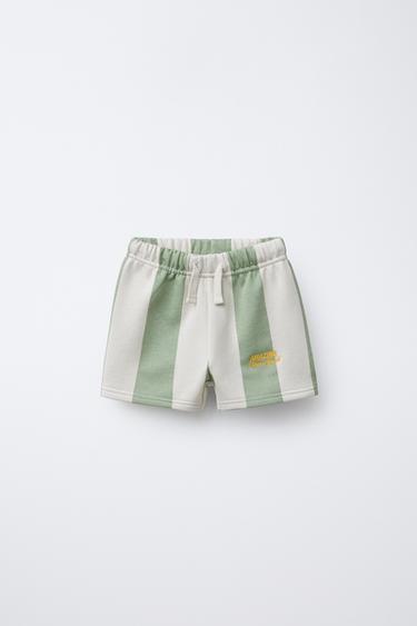 Zara EMBROIDERED TEXT STRIPED SHORTS - Green - Image 0