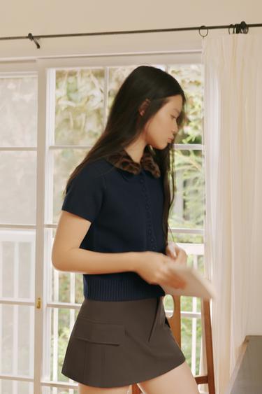 ANIMAL PRINT COLLAR KNIT CARDIGAN - Navy blue by Zara