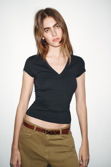 V-NECK T-SHIRT - Charcoal grey by Zara