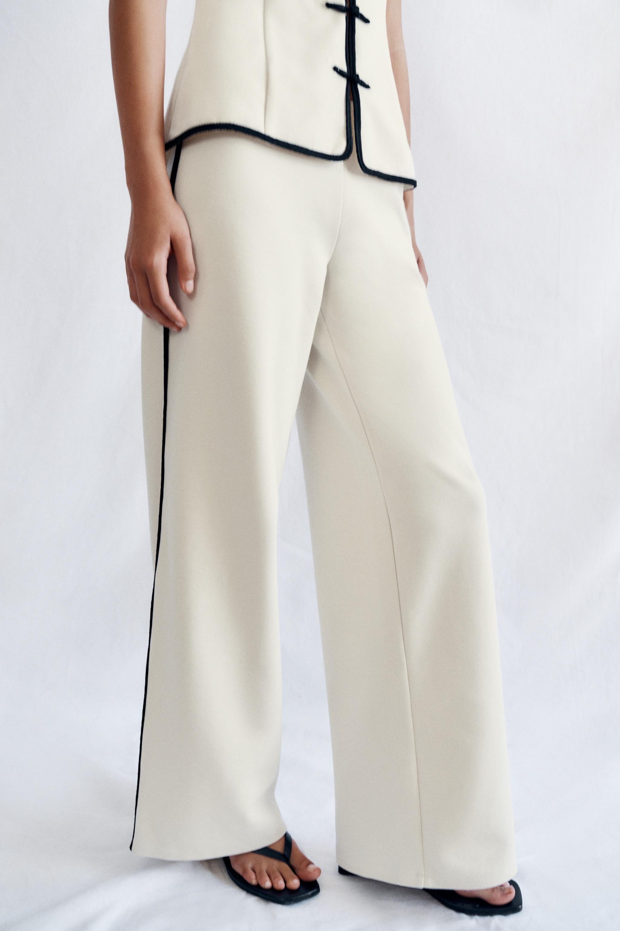 PIPED WIDE LEG PANTS — Mid-ecru