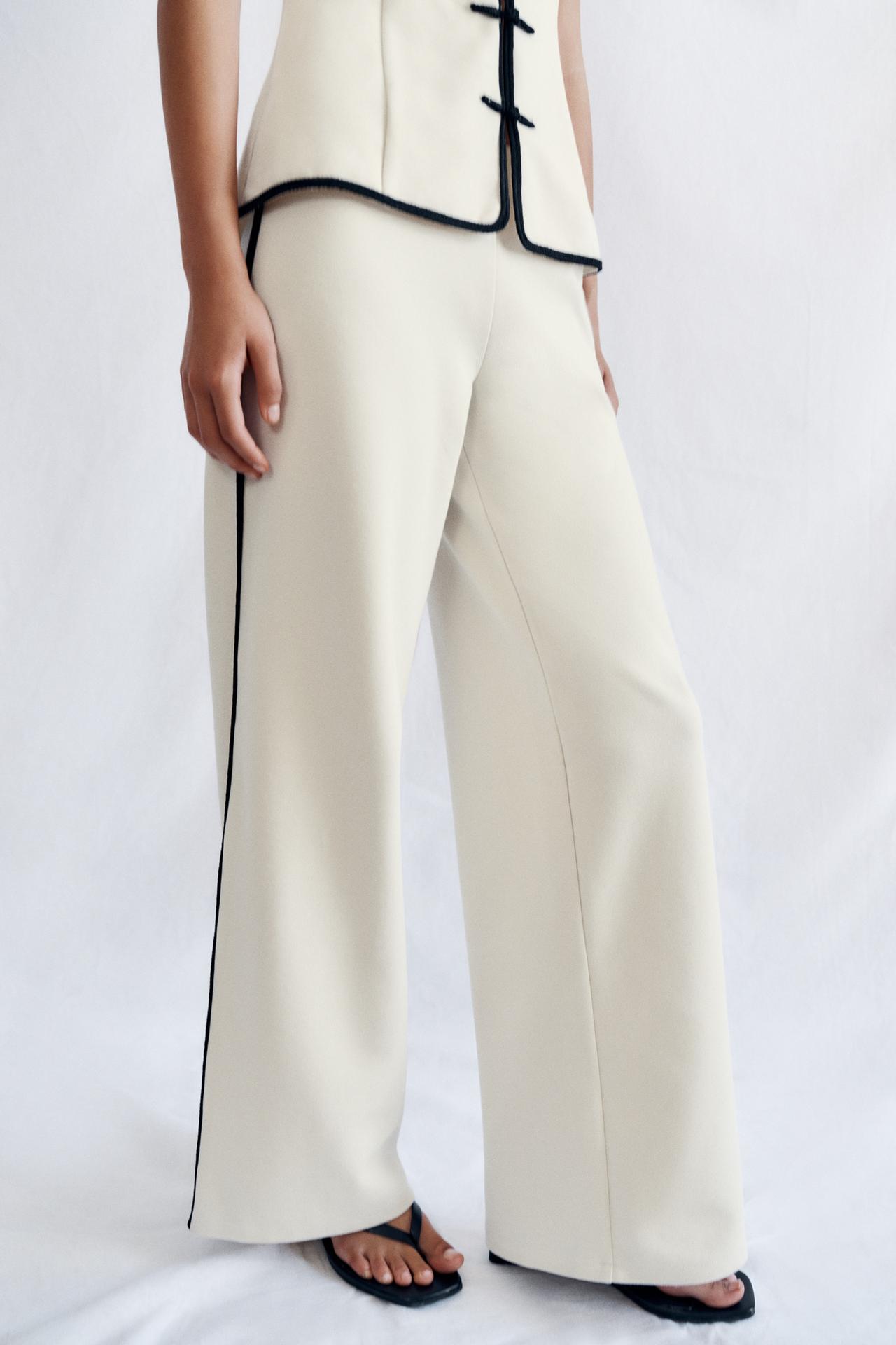 PIPED WIDE LEG PANTS — Mid-ecru