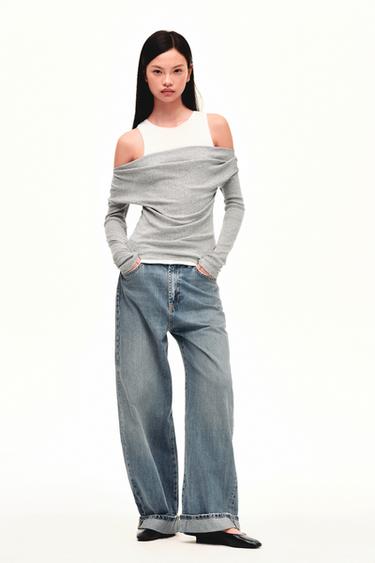 Zara TRF 中腰反褶寬鬆牛仔褲 - 藍色