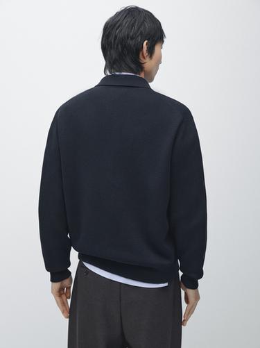 Zara 100% cotton knit cardigan with polo collar - Navy blue