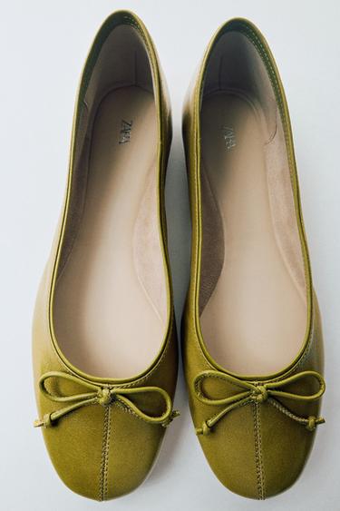 Zara LEATHER BOW BALLET FLATS - Pistachio Green