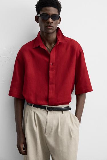 CHEMISE STRUCTURE COTON ET LIN - Rouge soutenu de Zara - Image 5