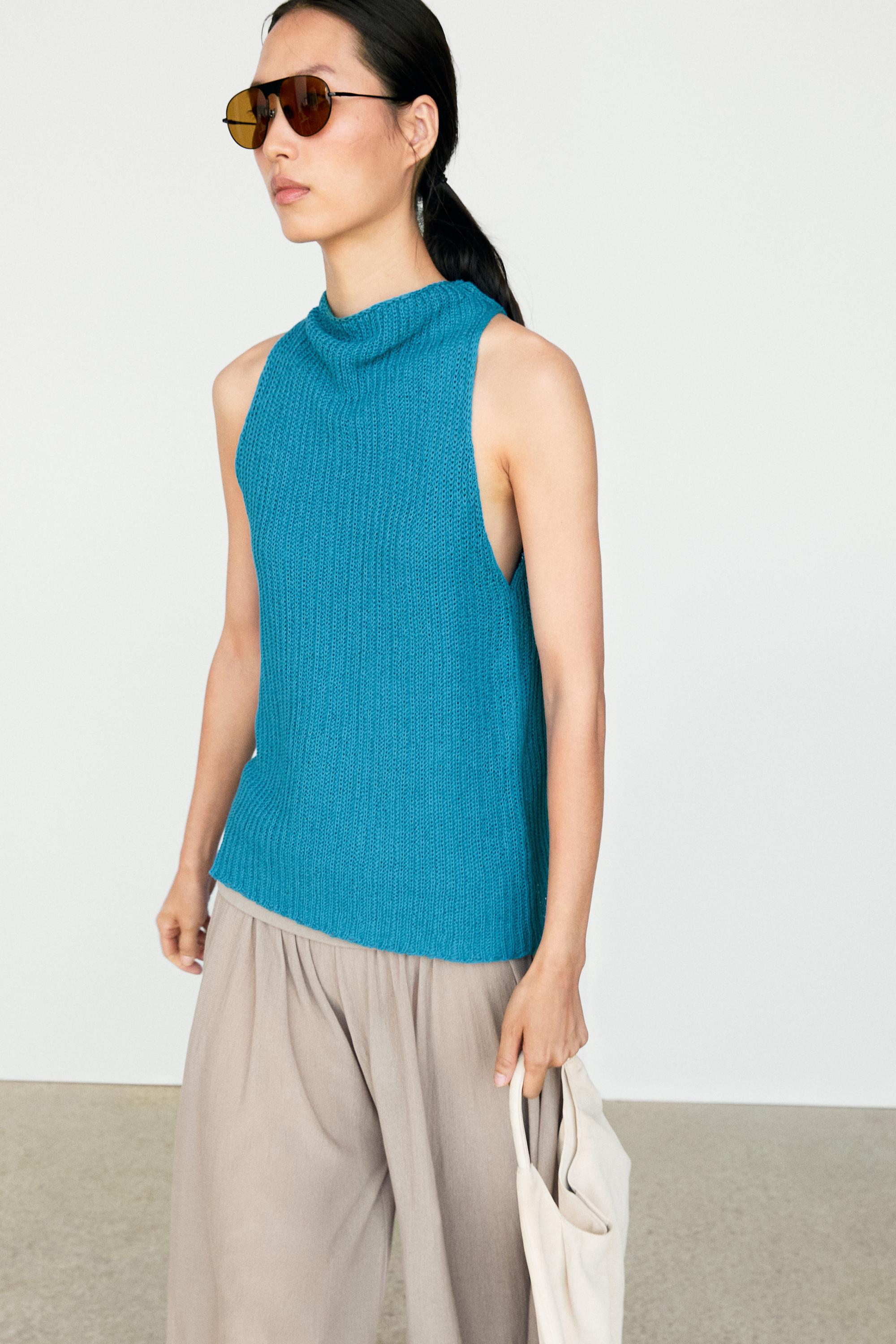 Linen blend knit button-detail top — Turquoise