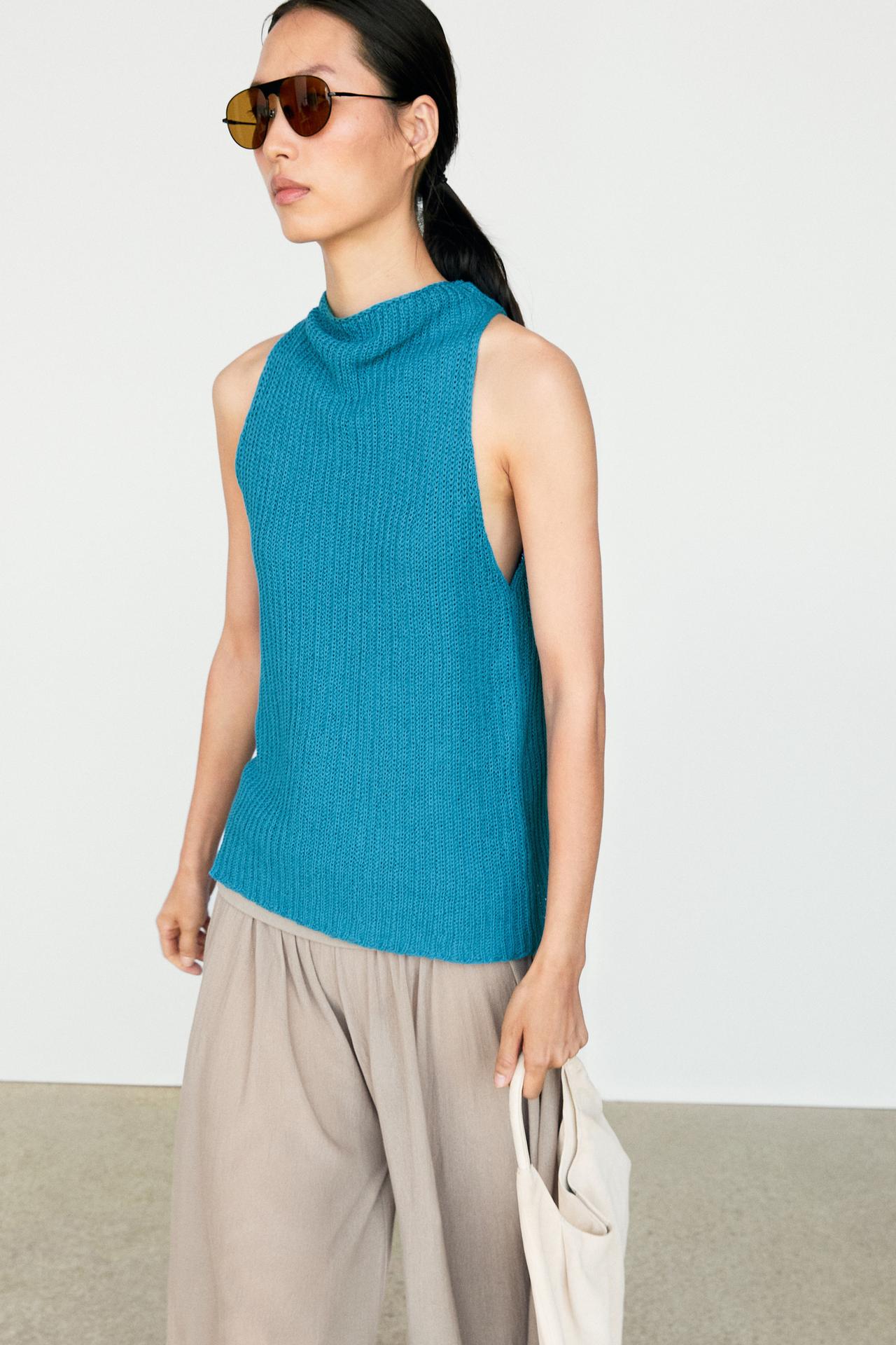 Linen blend knit button-detail top — Turquoise