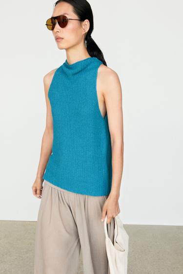 Linen blend knit button-detail top — Turquoise 2