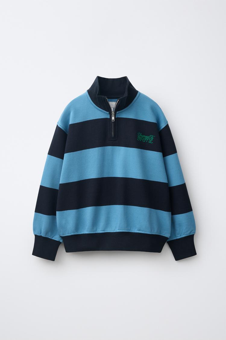 STRIPED EMBROIDERED TEXT SWEATSHIRT — Blue