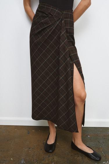 Zara ZW COLLECTION DRAPED PLAID SKIRT - Brown